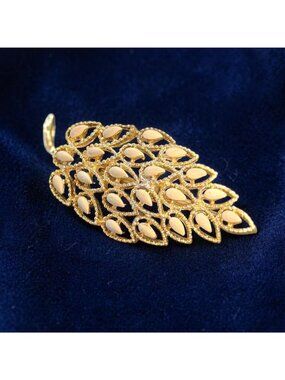 Vtg Gerry’s Signed Gold Tone Leaf Brooch Cream Enamel Pin 2.5" Openwork MCM